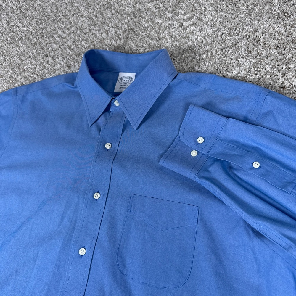 Brooks Brothers Shirt Mens 17 2/3 Blue Solid Cotton Regent Non-Iron Button Down